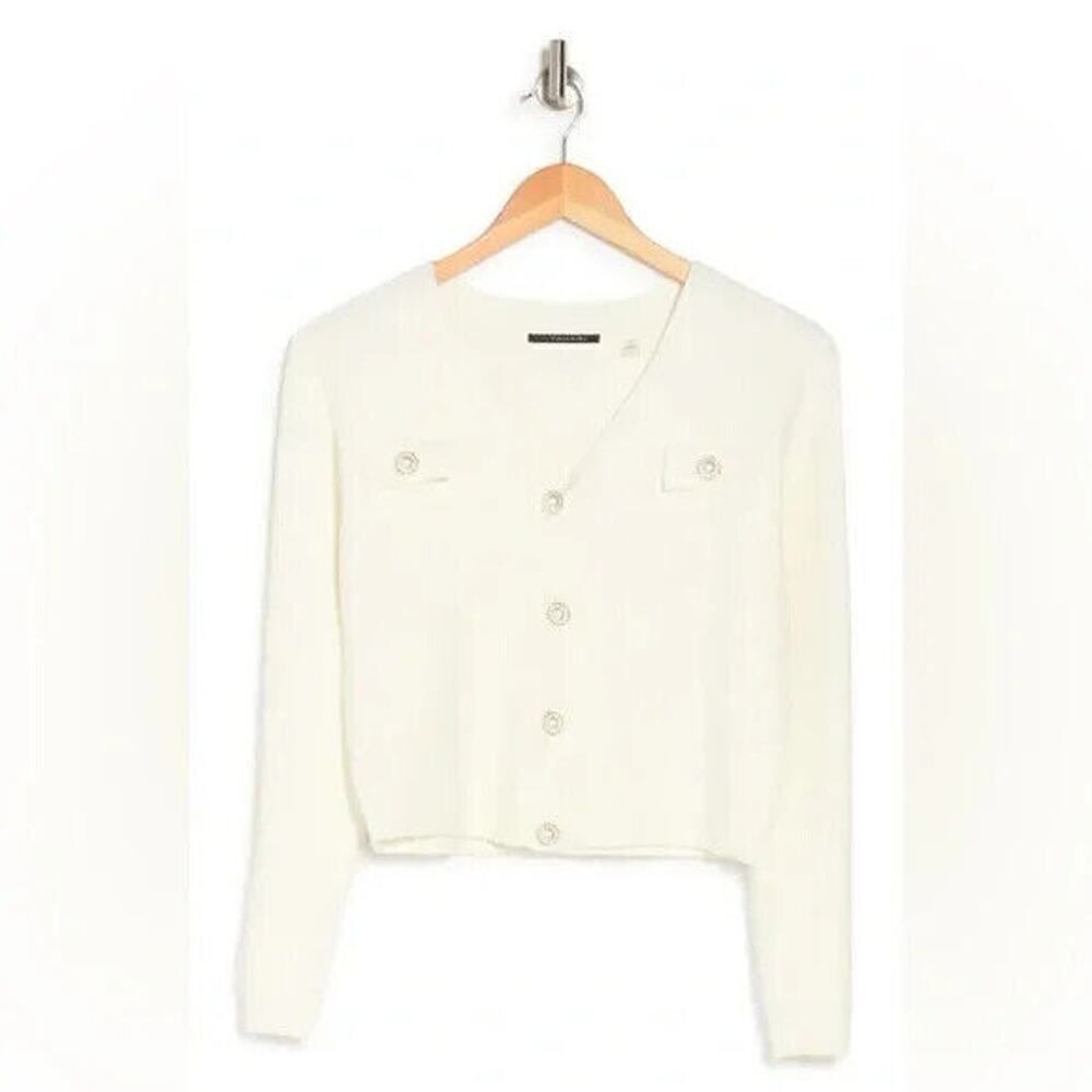 NWT T Tahari ivory knit classic pearl button cardigan sweater elegant small